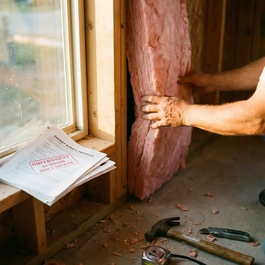 Huiseigenaar installeert roze isolatiemateriaal tussen houten balken met overheidssubsidiedocumenten op vensterbank