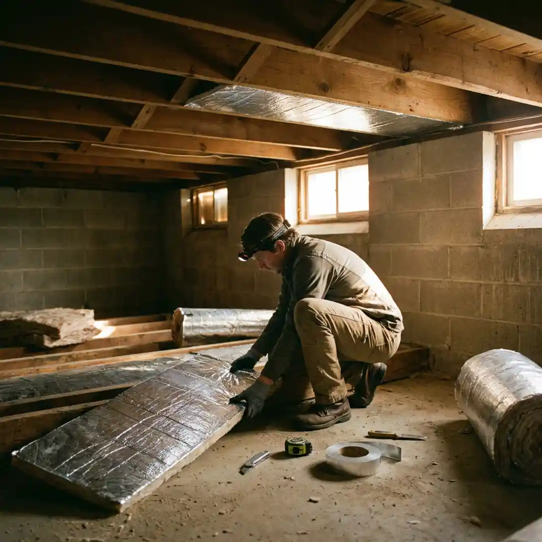 Energieadviseur installeert zilveren isolatiemateriaal tussen houten balken in kruipruimte met gereedschap op betonvloer