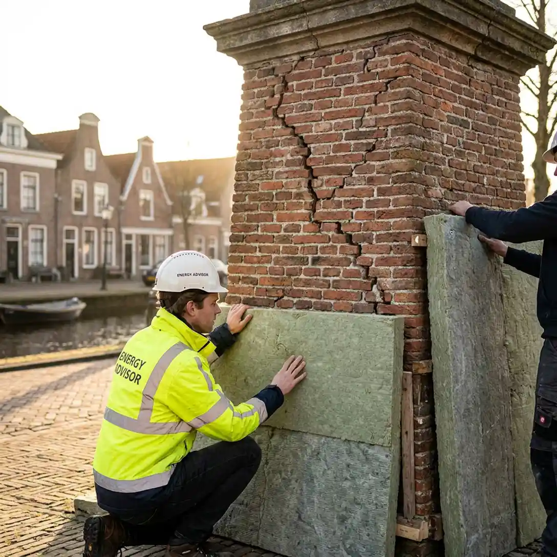 Energieadviseur inspecteert isolatiemateriaal bij aardbevingsschade aan historische bakstenen gevel in Gronings kanalendorp.