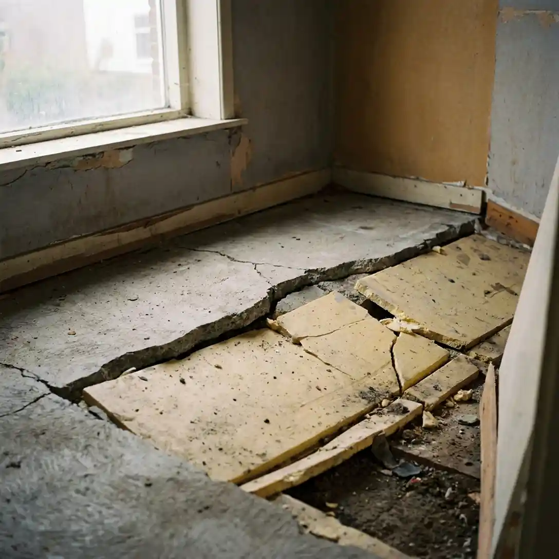 Scheurende betonvloer die wegzakt van de muur, met uitpuilende isolatieplaten zichtbaar in een Nederlandse woning.
