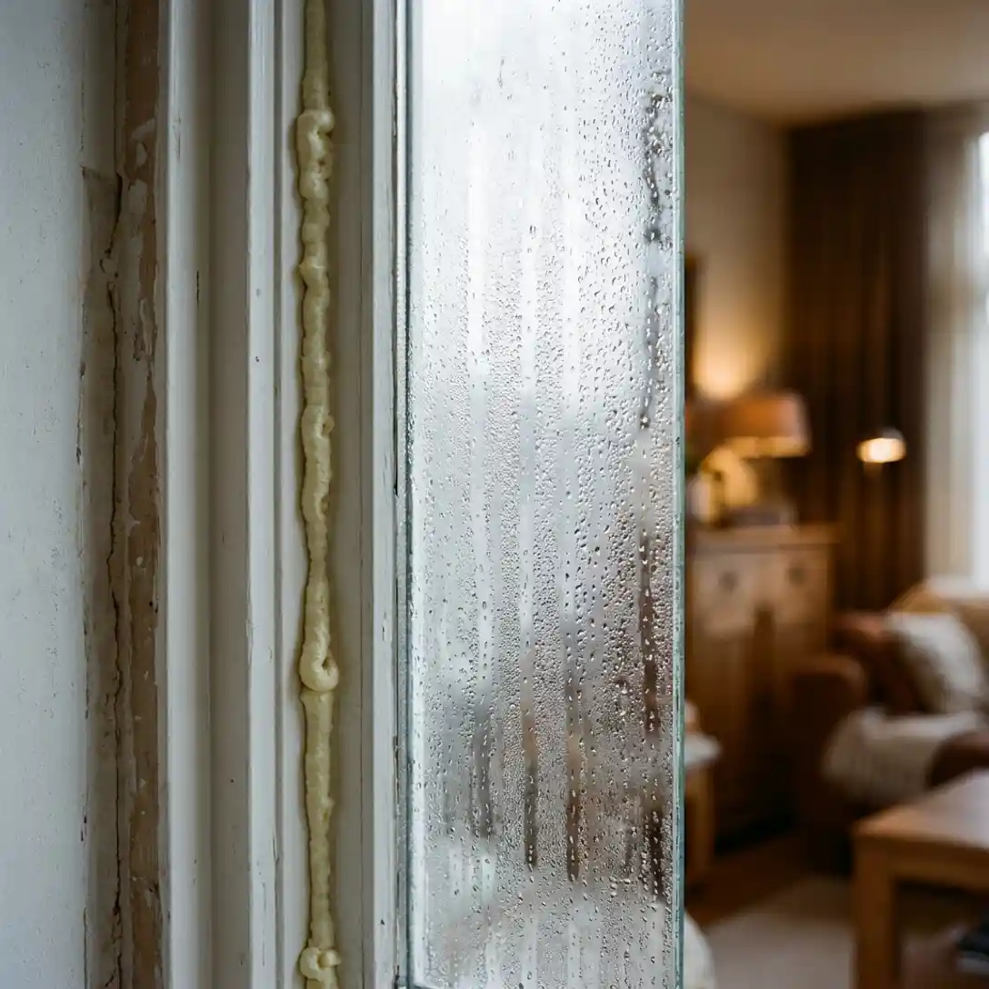Condensatiedruppels op koud raamglas met isolatieschuim langs de kozijnrand, warme woonkamer op de achtergrond.