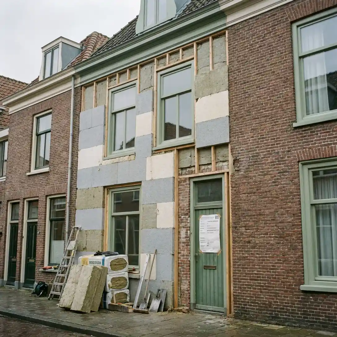 Gronings rijtjeshuis met gedeeltelijk geplaatste minerale wol isolatiepanelen op de gevel, bouwvergunning bij de deur, bewolkte lucht.