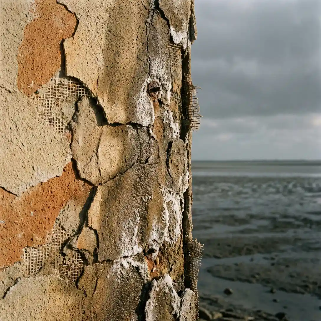 Verweerde buitengevelisolatie met afbladderende randen en zoutkorst, Waddenzee-kustlandschap op de achtergrond.
