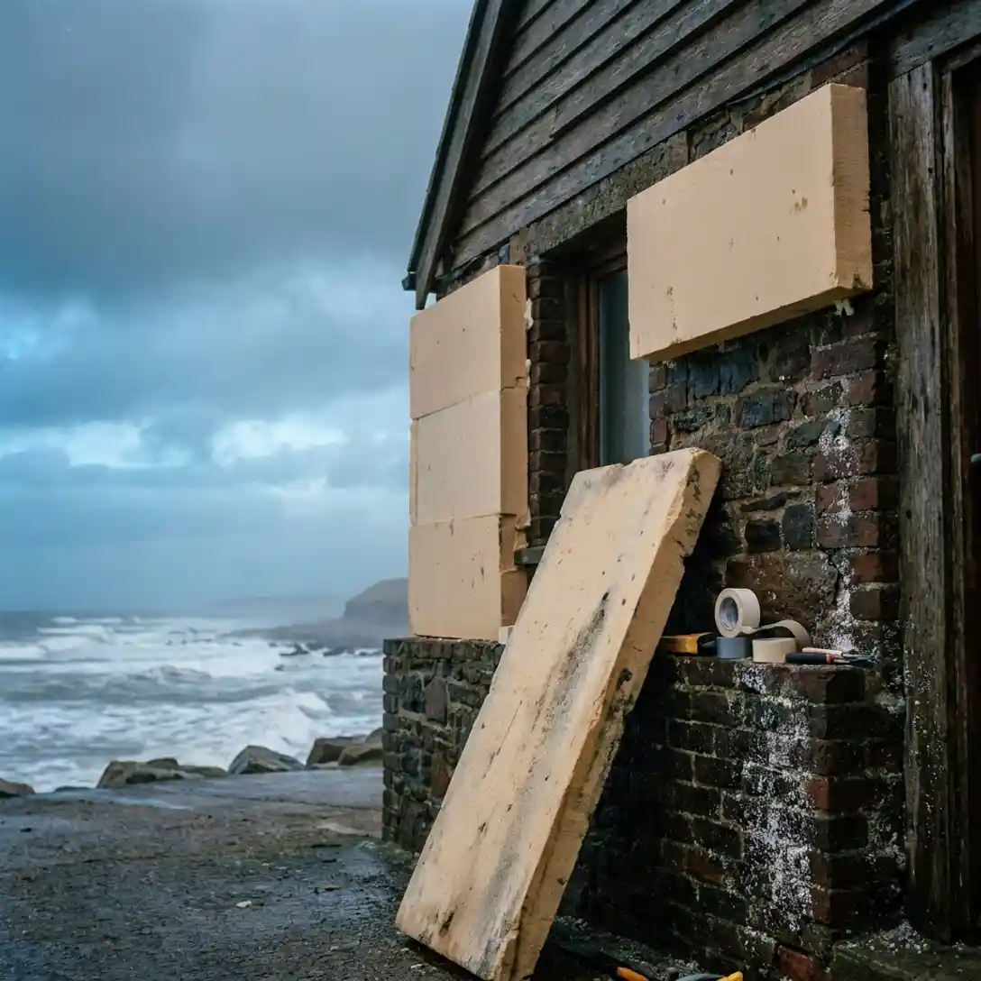 Isolatiepanelen op verweerde buitenmuur van kustwoningen, met stormachtige Noordzee-golven op de achtergrond.