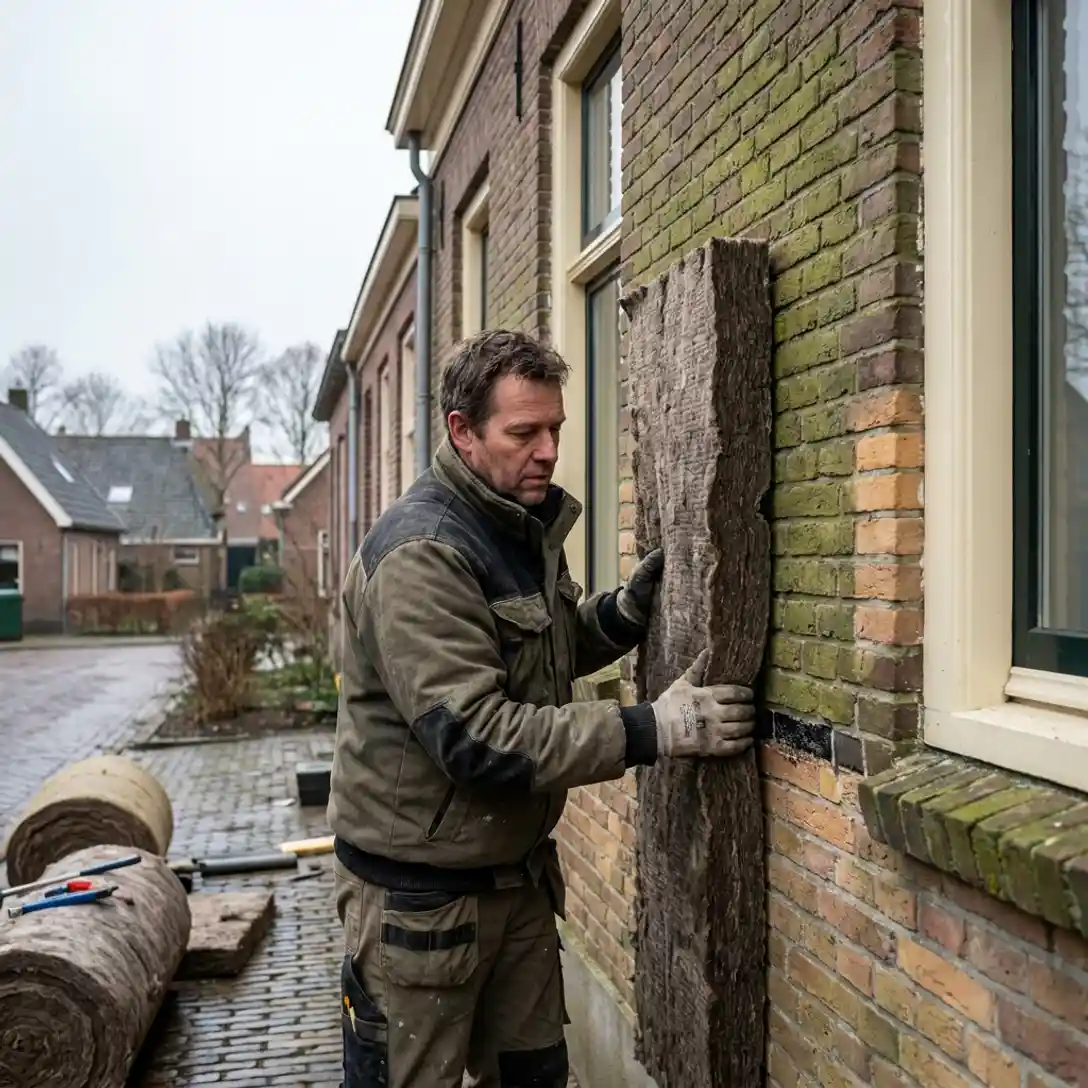 Isolatiemonteur plaatst mineraalwolpanelen op de gevel van een rijtjeshuis in Groningen tijdens spouwmuurisolatie.