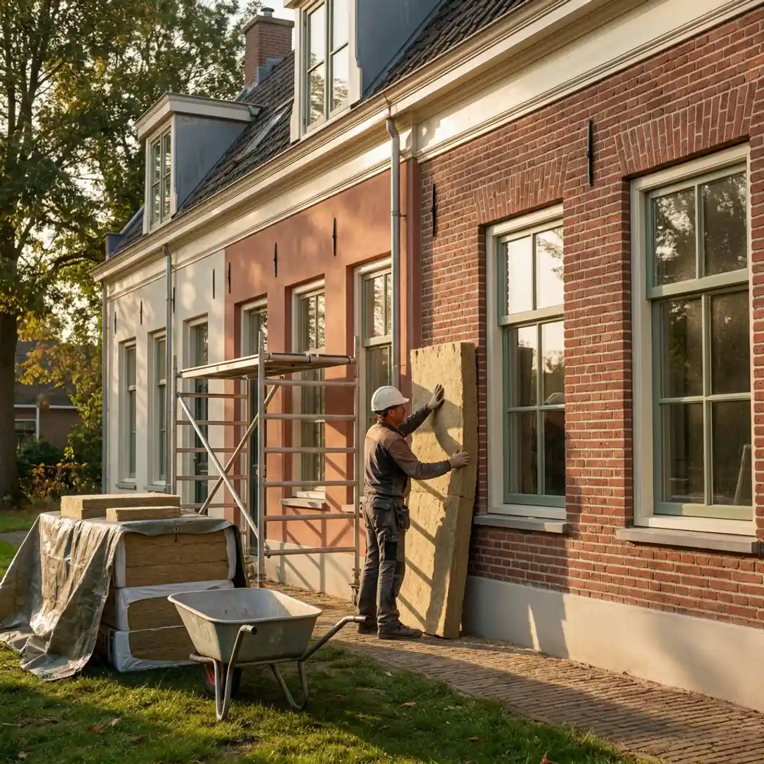 Arbeider die mineraalwolpanelen aanbrengt op de gevel van een rijtjeswoning in Winsum, met kruiwagen en isolatiemateriaal op het gras.