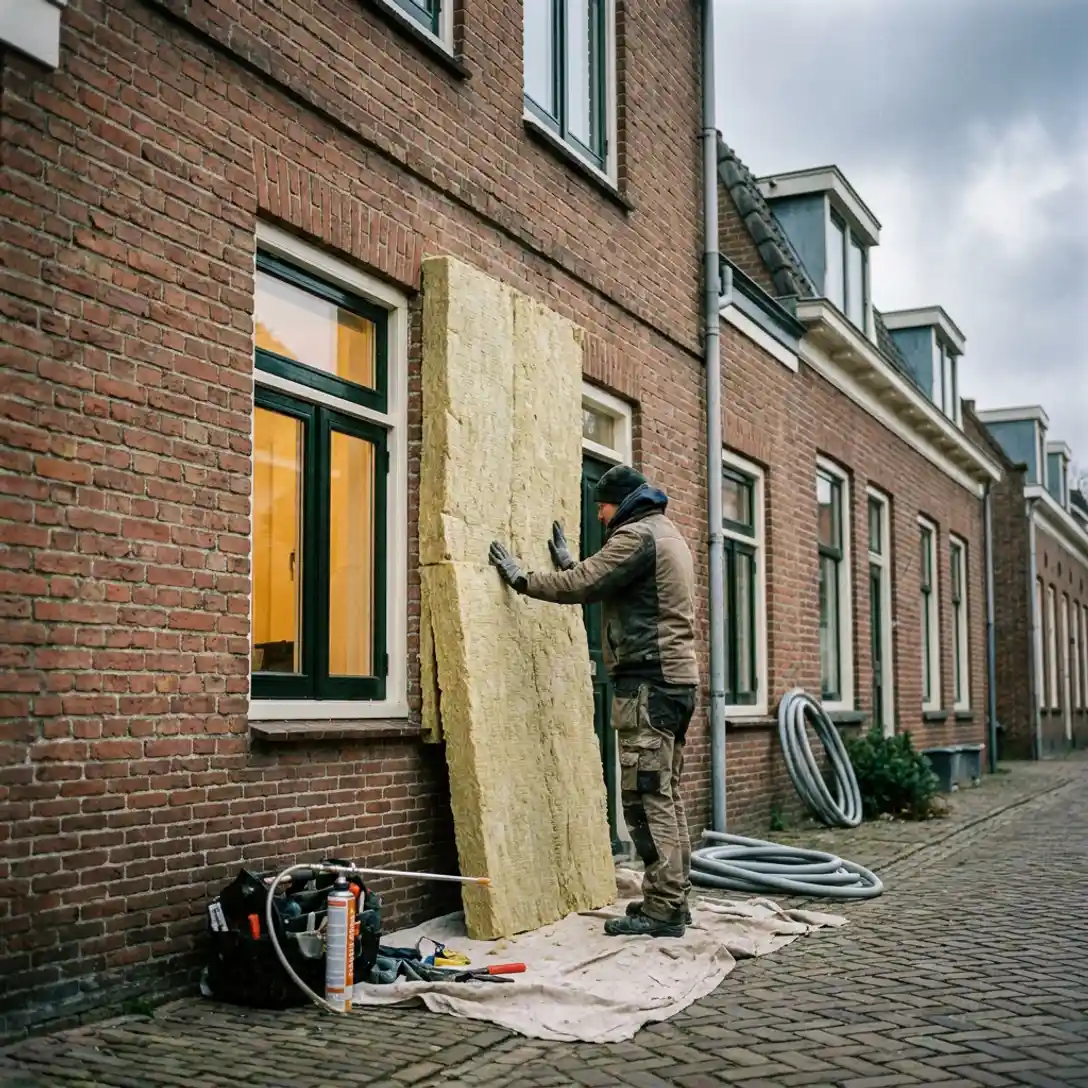 Vakman plaatst mineraalwol isolatiepanelen op de bakstenen buitenmuur van een Gronings rijtjeshuis in Stadskanaal.
