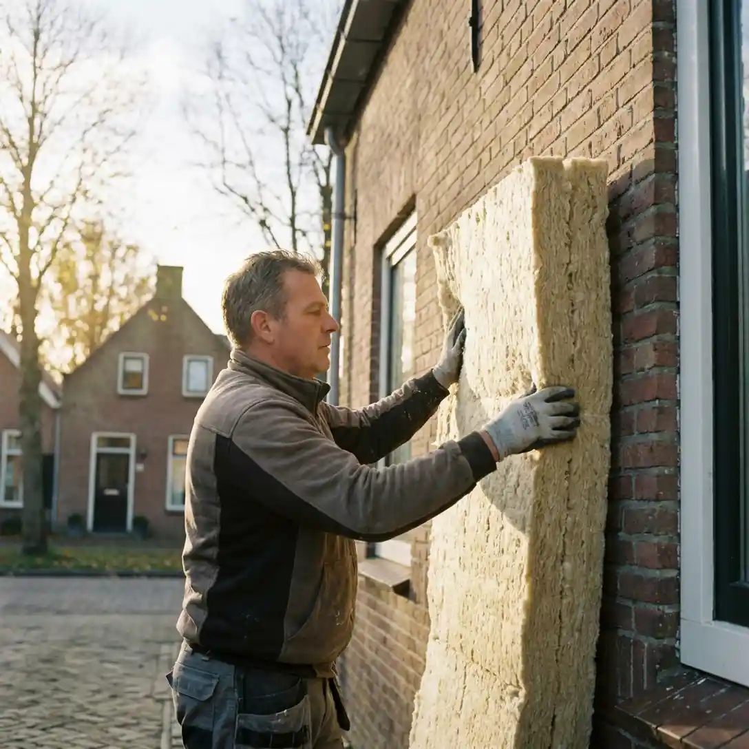 Vakman plaatst minerale wol isolatiepanelen op de gevel van een traditionele bakstenen woning in Groningen op een herfstochten.
