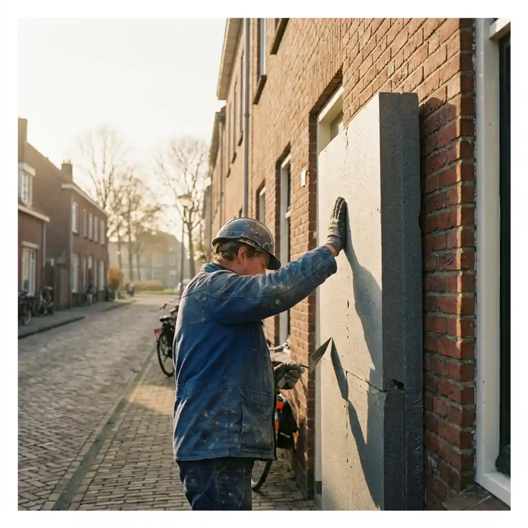 Vakman installeert grijze isolatiepanelen op de bakstenen gevel van een Nederlandse rijtjeswoning in warm middaglicht.