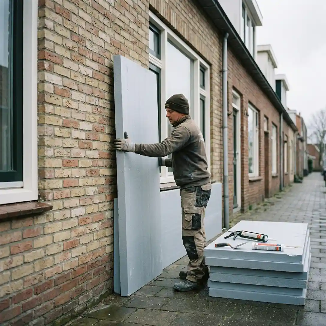 Vakman plaatst dikke isolatieplaten tegen de bakstenen gevel van een Nederlandse rijtjeswoning, gereedschap op de grond.