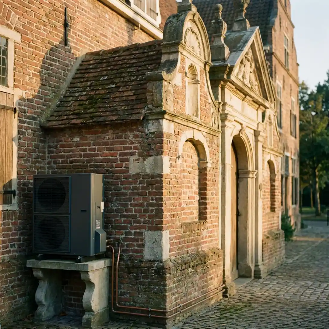 Moderne warmtepomp naast de gevel van een eeuwenoud Nederlands bakstenen monument met sierlijk natuursteen in warm middaglicht.