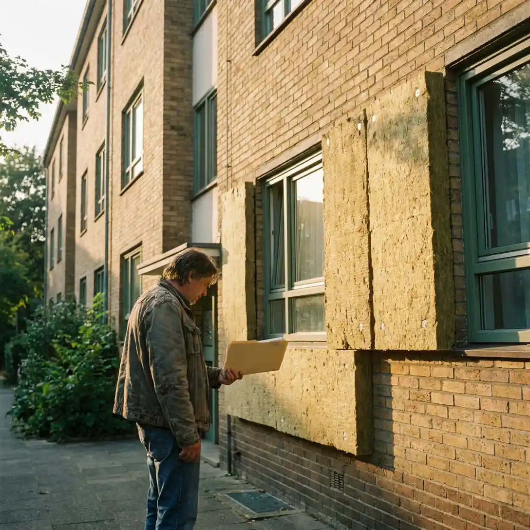 Huurder met documentenmap voor geïsoleerd appartementengebouw met zichtbare minerale wolpanelen op de gevel in warm middaglicht.