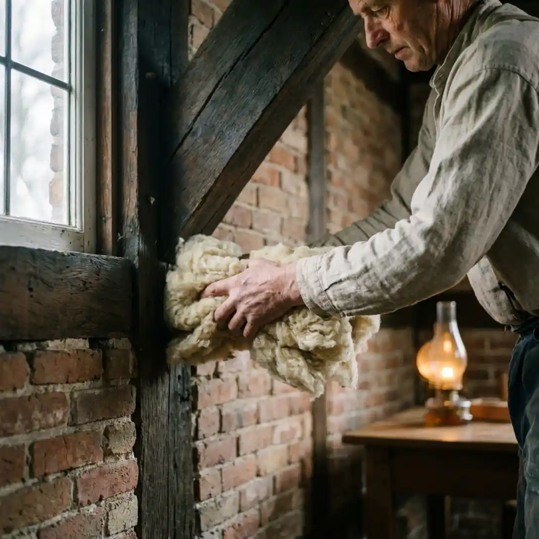 Specialist die schaapswolisolatie aanbrengt tussen houten balken van een historische Nederlandse boerderij met rieten dak.