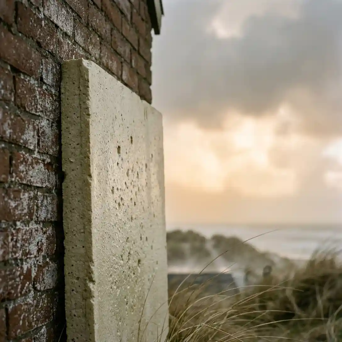 Vochtbestendige isolatieplaat tegen de verweerde bakstenen gevel van een Nederlandse kustwoningen, met stuifzand en zeewind op de achtergrond.