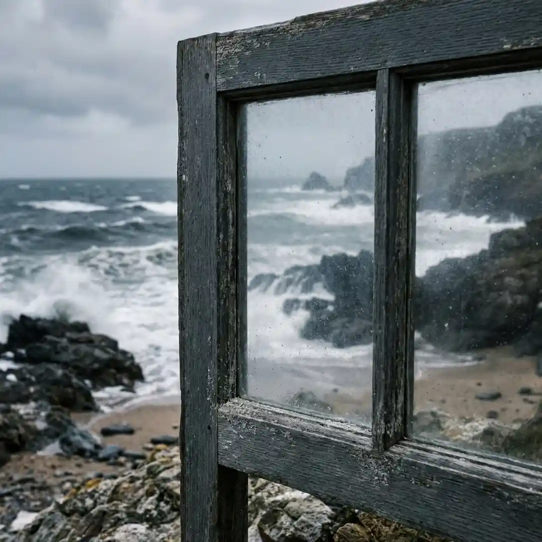 Verweerde kustvensterframe zonder corrosie voor een stormachtige Noordzee met brekende golven en zout nevel.