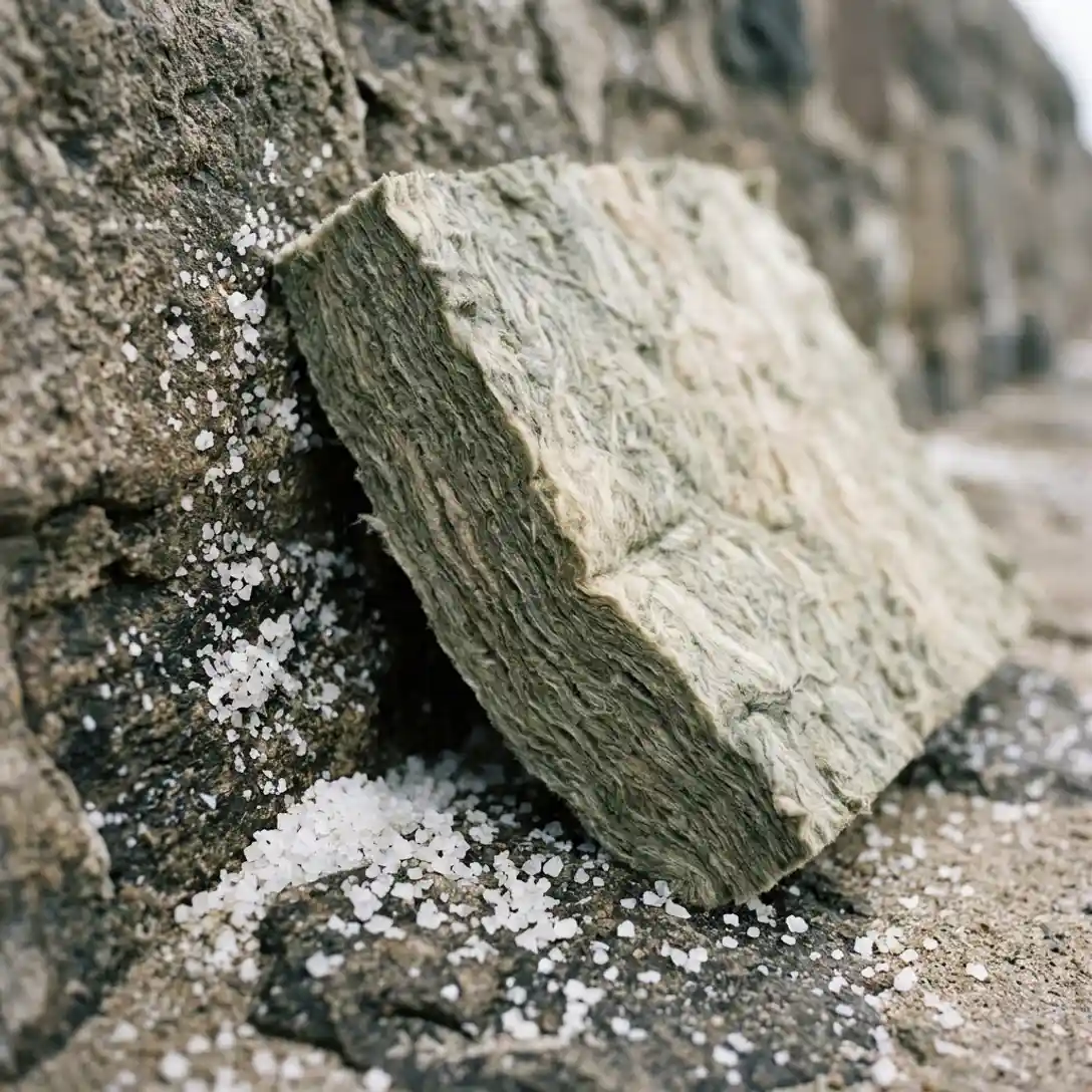 Minerale wol isolatieplaat tegen verweerde kustmuur met zichtbare zeezoutkristallen op het omliggende oppervlak.