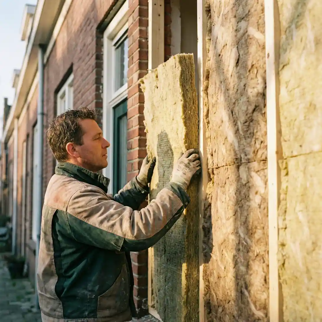 Installateur plaatst dikke minerale wol isolatiepanelen in de spouwmuur van een Nederlandse bakstenen rijtjeswoning.