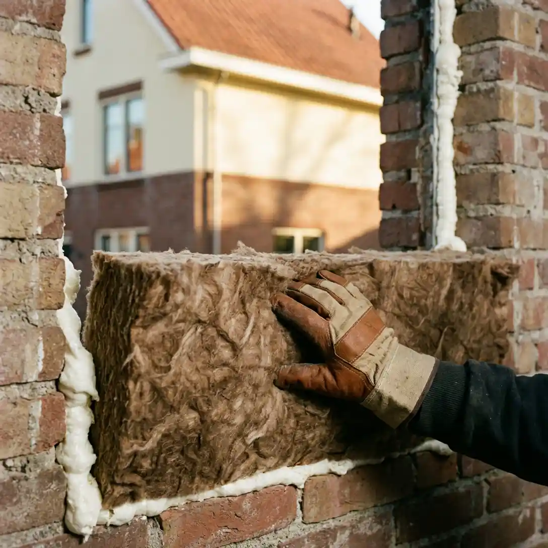 Gehandschoende hand die mineraalwol in spouwmuur drukt, met witte schuimranden tegen bakstenen gevel van Nederlandse woning.
