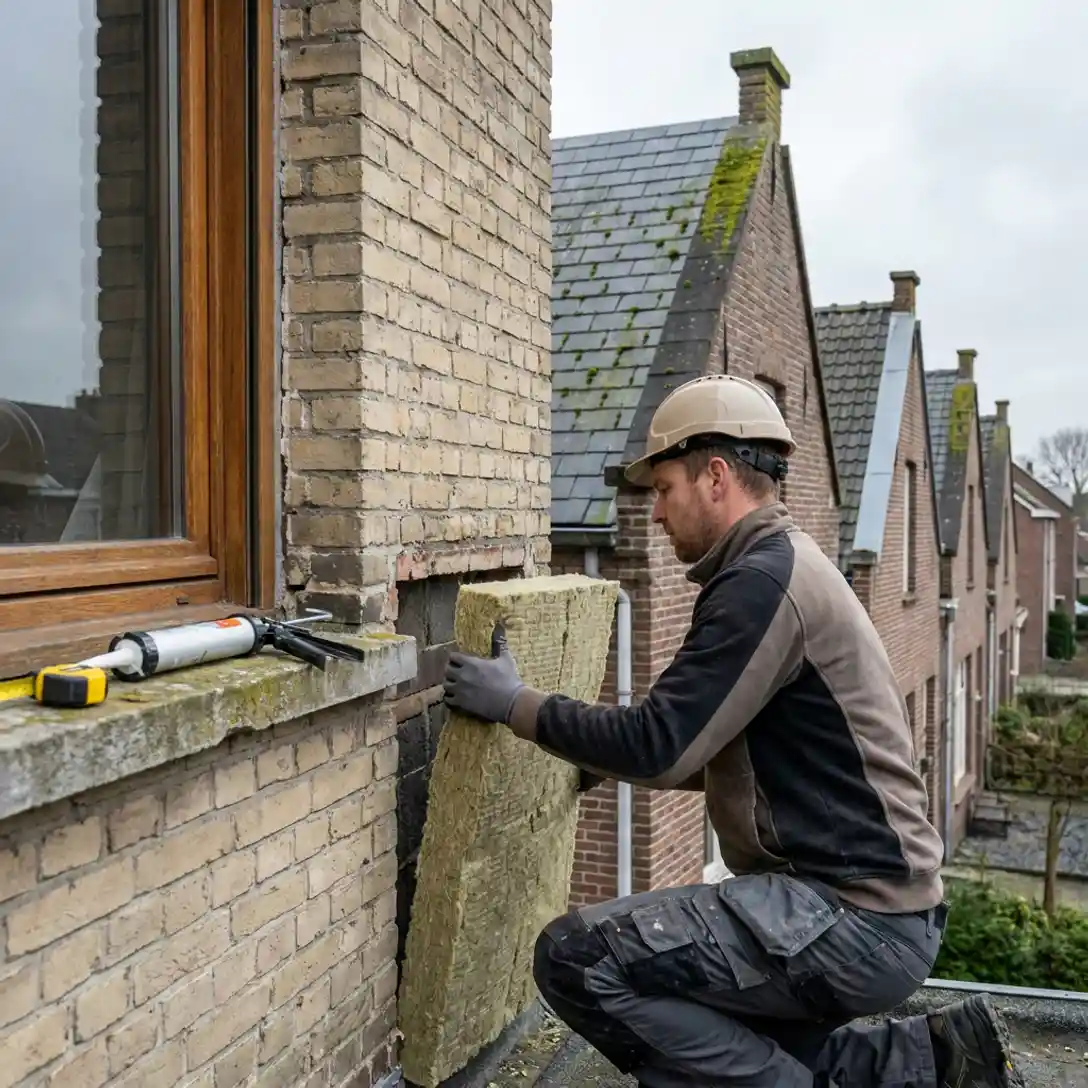 Aannemer plaatst minerale wol isolatiepanelen in spouwmuur van Nederlandse rijtjeswoning, met kit pistool op vensterbank.