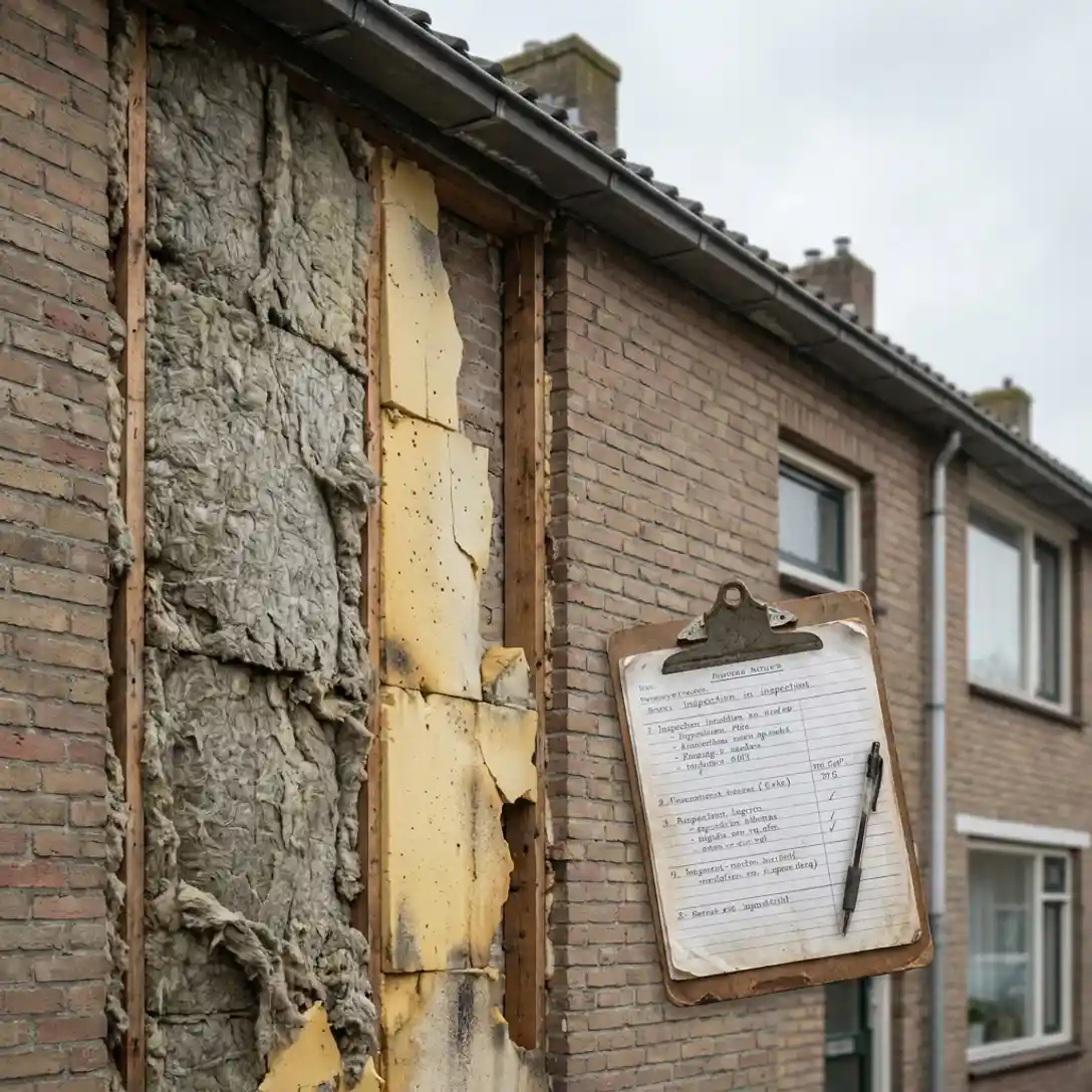 Doorsnede van spouwmuur in Nederlandse rijtjeswoning met beschadigd isolatiemateriaal en klembord met inspectierapport tegen bakstenen gevel.