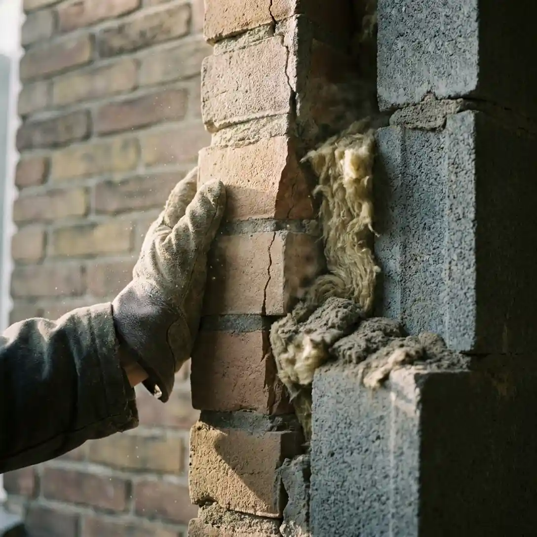 Gehandschoende hand die drukt op een doorsnede van een spouwmuur met verschoven isolatiemateriaal en zichtbare scheuren in het metselwerk.