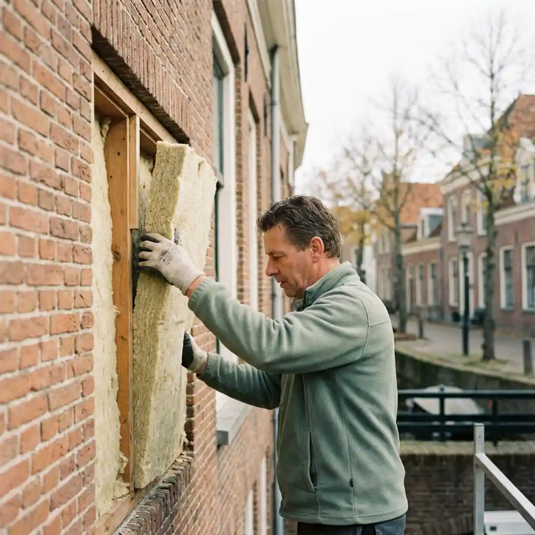 Installateur plaatst mineraalwol isolatiepanelen in spouwmuur van Groningse rijtjeswoning in Appingedam.