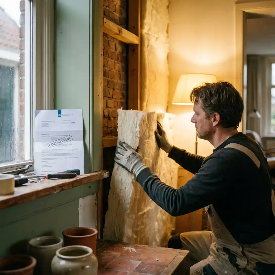 Aannemer plaatst minerale wol isolatiepanelen in spouwmuur van Groningse woning, subsidiebeschikking op vensterbank.