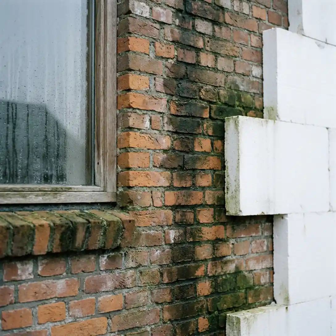 Verweerde veenkoloniale bakstenen muur met vochtplekken en gedeeltelijk geplaatste isolatiepanelen, beslagen enkel glas op de achtergrond.