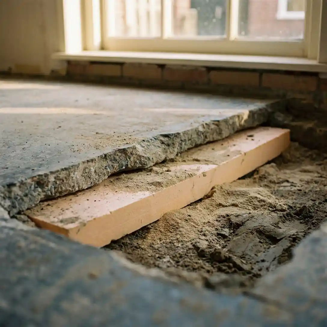 Gebarsten betonvloer in Nederlandse woning met zichtbare isolatieplaat en zandige kleibodem eronder.