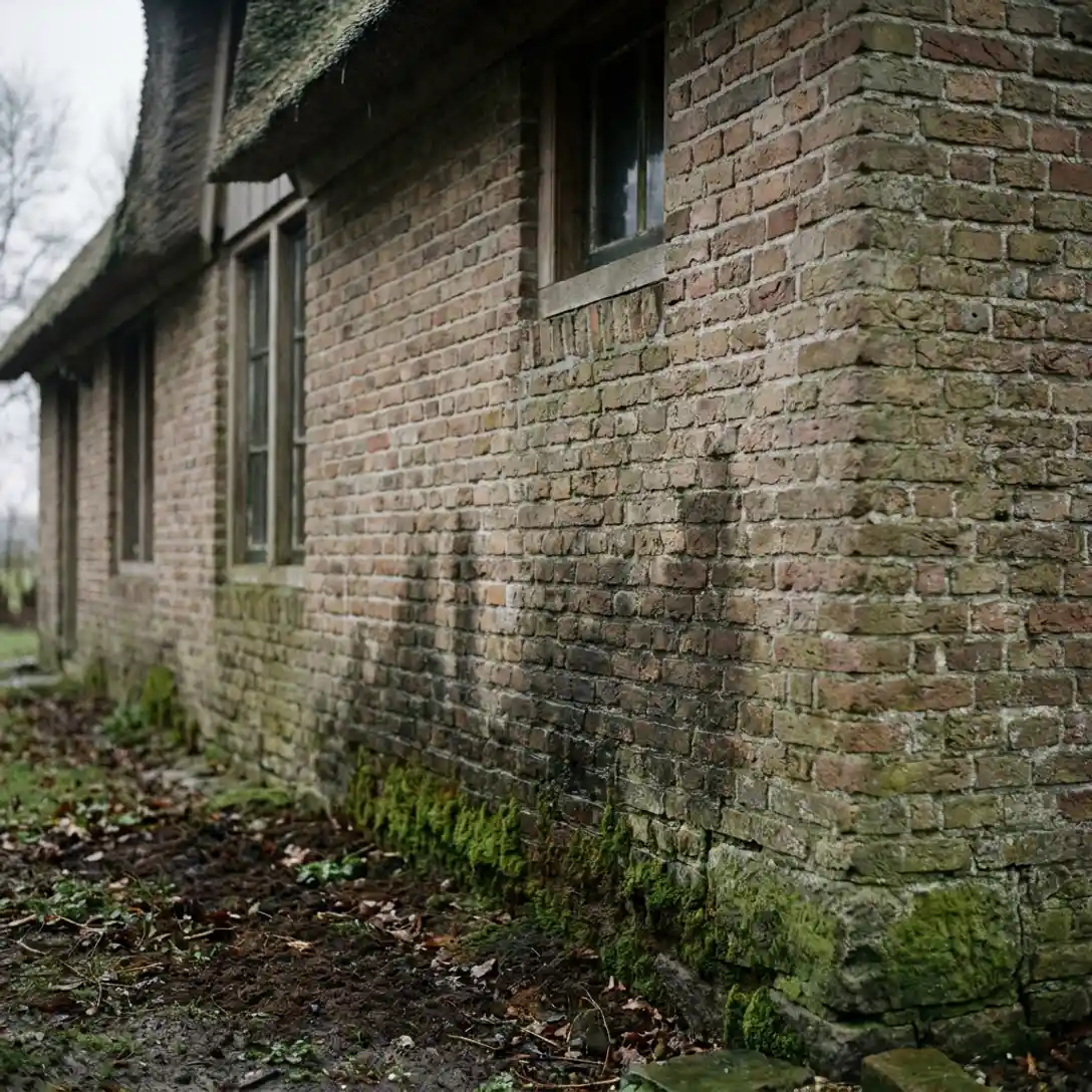 Verweerde bakstenen gevel van een Nederlandse boerderij met vochtplekken, mosgroei op het fundament en veenbruine grond.