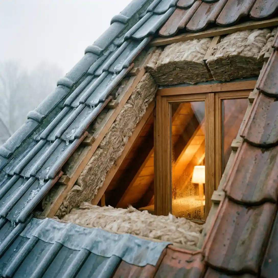 Dakdoorsnede van Nederlands huis met dikke isolatielaag tussen spanten, berijpte dakpannen buiten en warm goudgeel binnenlicht.