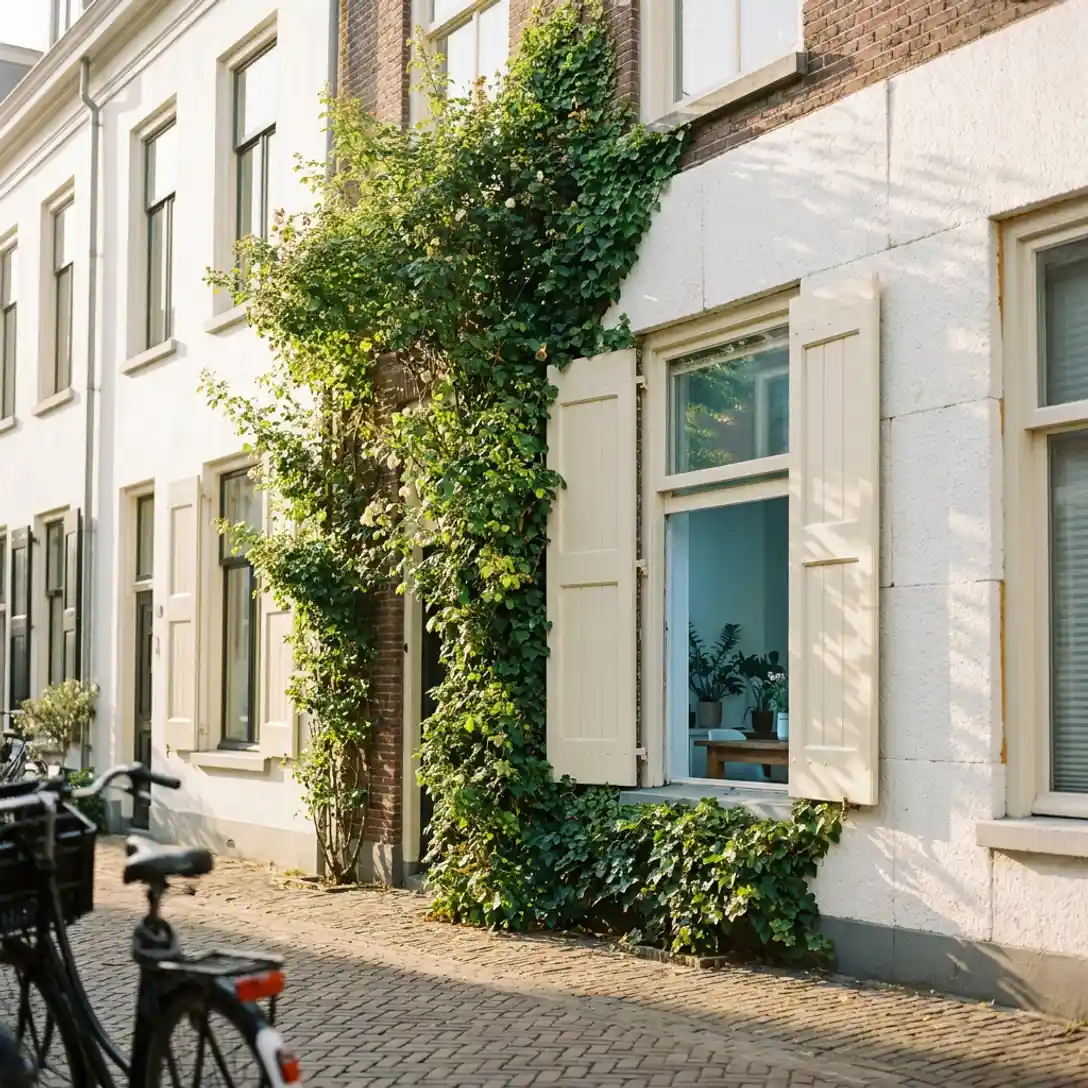Zonnige Nederlandse rijtjeswoning met buitengevelisolatie, lichte luiken en klimplant die de gevel bedekt.