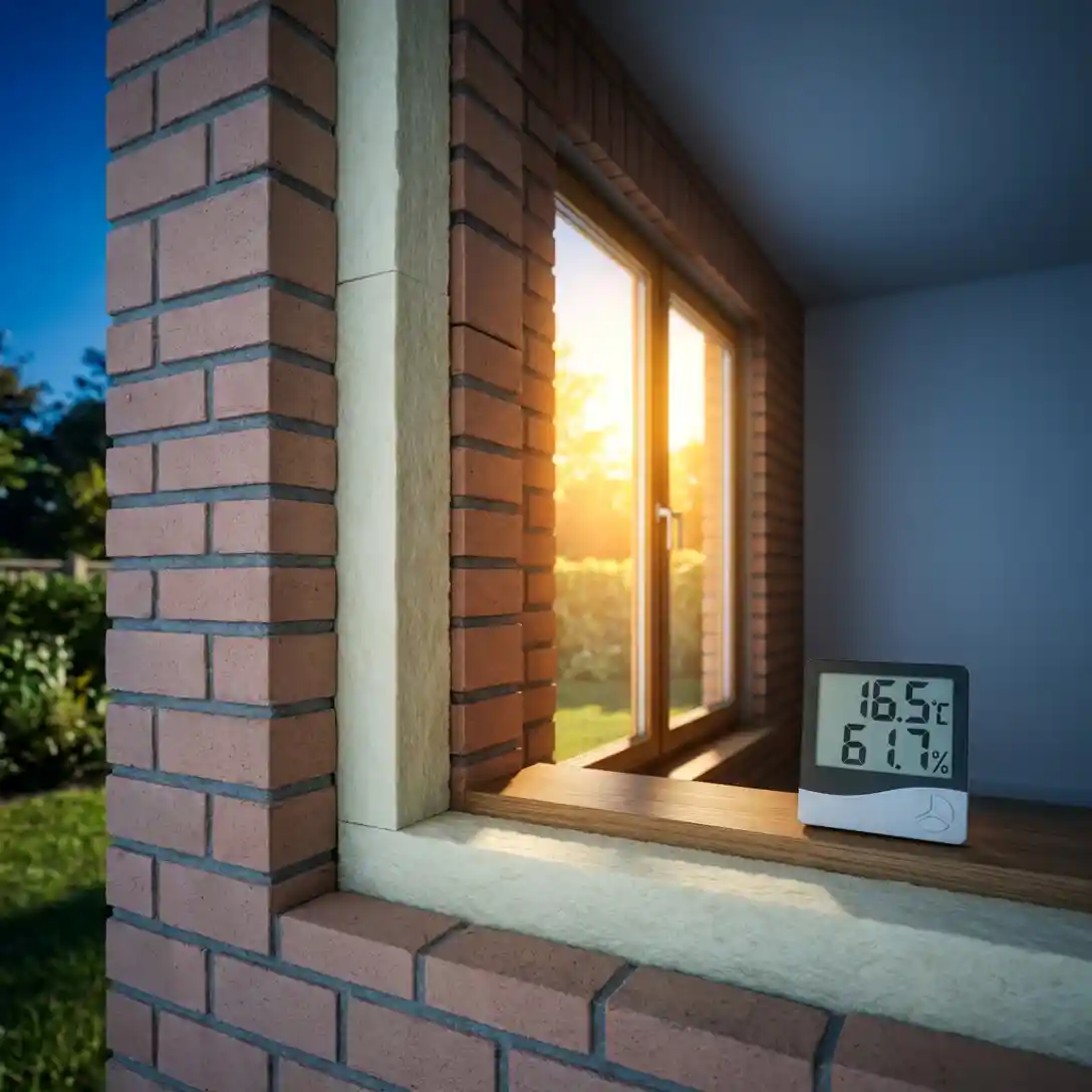 Doorsnede van een geïsoleerde Nederlandse bakstenen muur met schuimisolatie, koele binnenruimte en zomerse buitenzon tegengehouden door de isolatielaag.