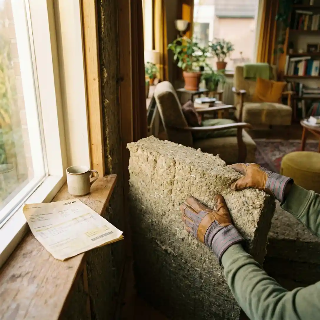 Gehandschoende handen die eco-vriendelijk isolatiemateriaal in een houten wandholte drukken, met een gezellig Nederlands interieur op de achtergrond.