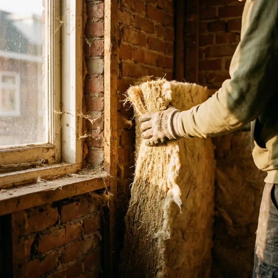 Gehandschoende hand die natuurlijke hennep- of schapenwol isolatieplaten in de spouwmuur van een verweerde bakstenen rijwoning plaatst.