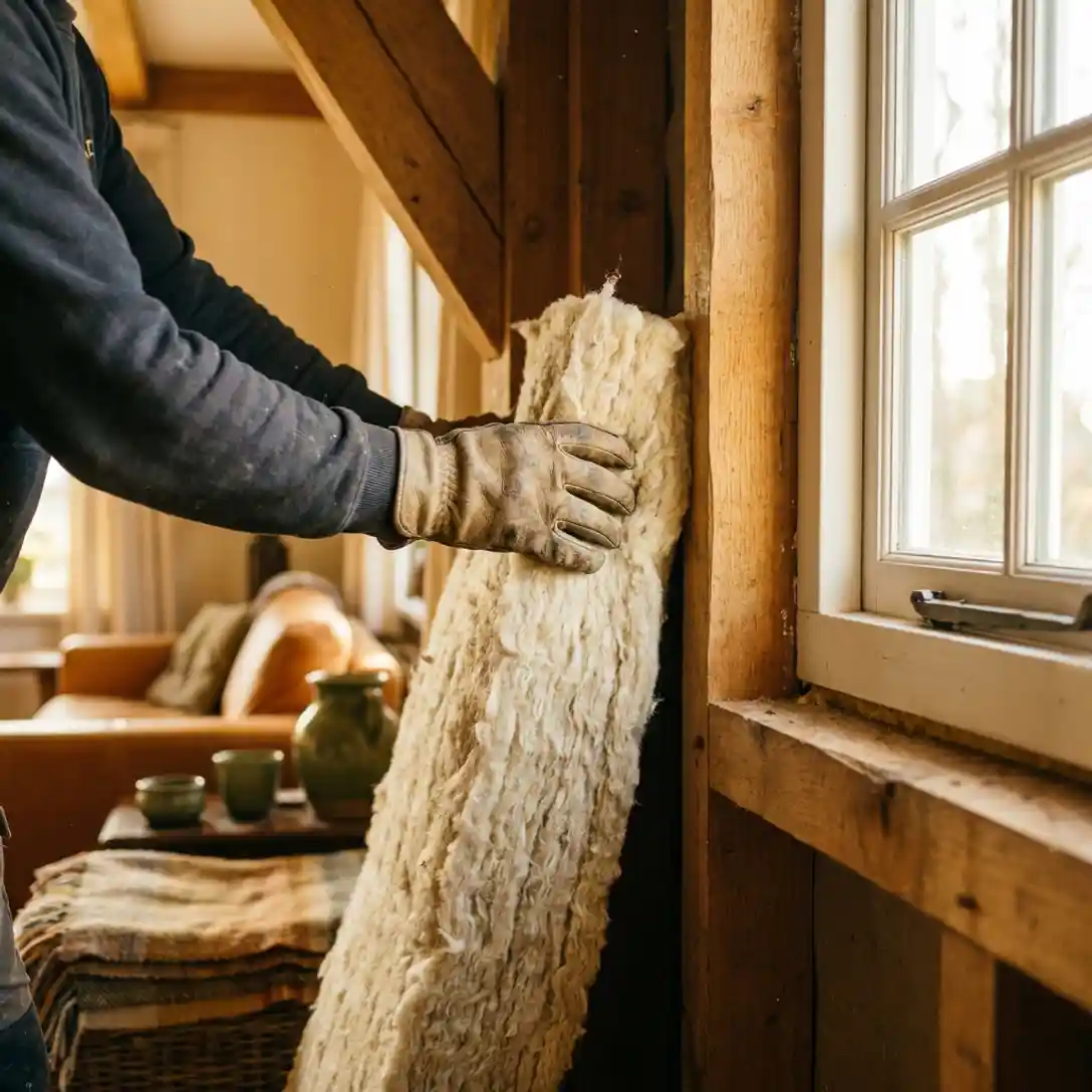 Aannemer perst natuurlijke wollen isolatie in houten wandsparing, warm licht op blootliggende balken in Nederlands interieur.
