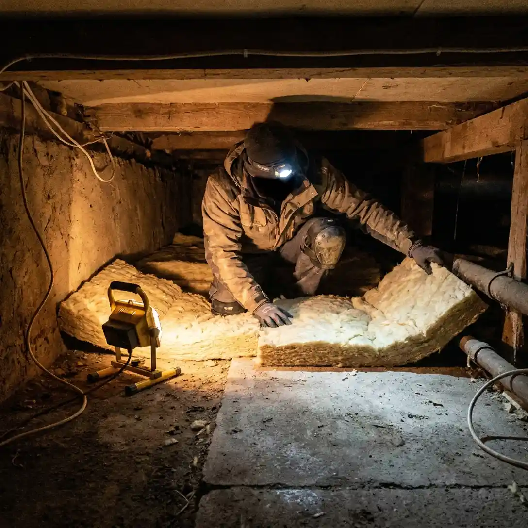 Vakman plaatst mineraalwol isolatieplaten op betonvloer in kruipruimte onder rijtjeshuis, verlicht door werklamp.