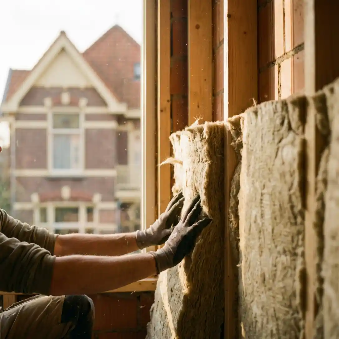 Huiseigenaar die dikke mineraalwol in een houten buitenmuurspouw drukt, met een Nederlandse bakstenen woning zichtbaar door het raam.