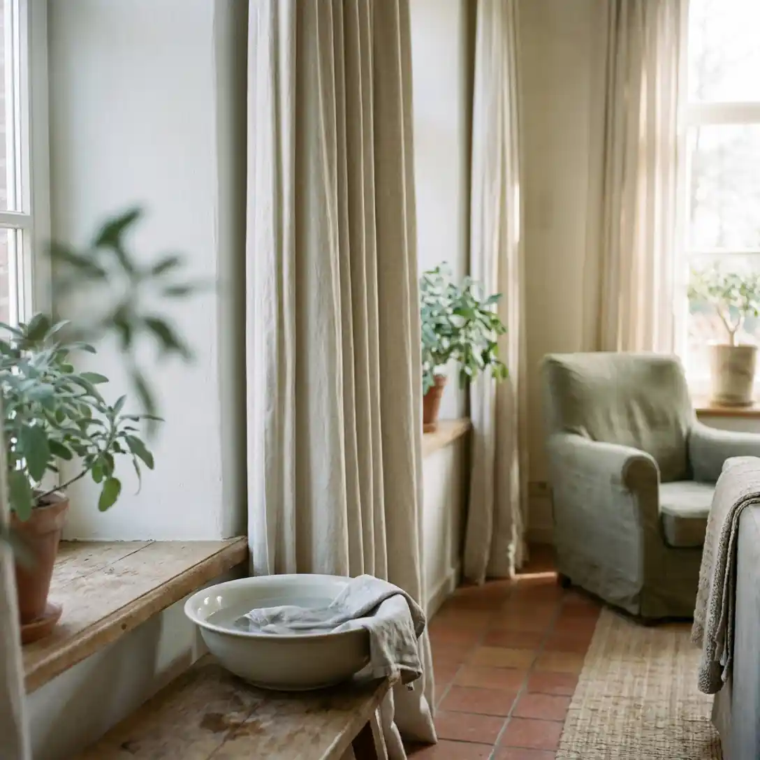 Hollandse woonkamer met linnen gordijnen tegen zonlicht, kom koud water op vensterbank, kamerplanten op witgekalkte muren.