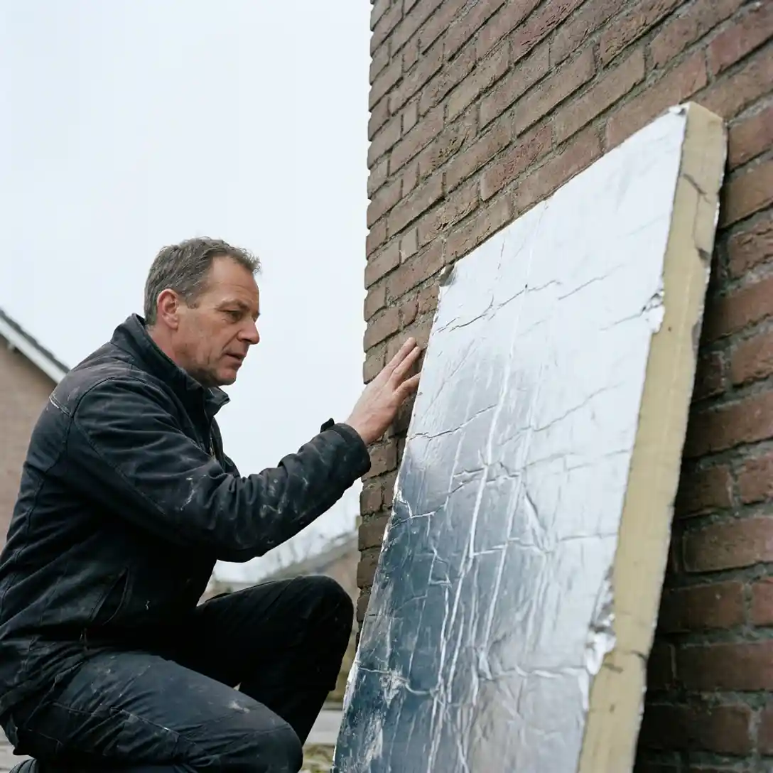 PIR-isolatiepaneel tegen bakstenen gevel van Nederlandse woning, energieadviseur inspecteert de muur op bewolkte dag.
