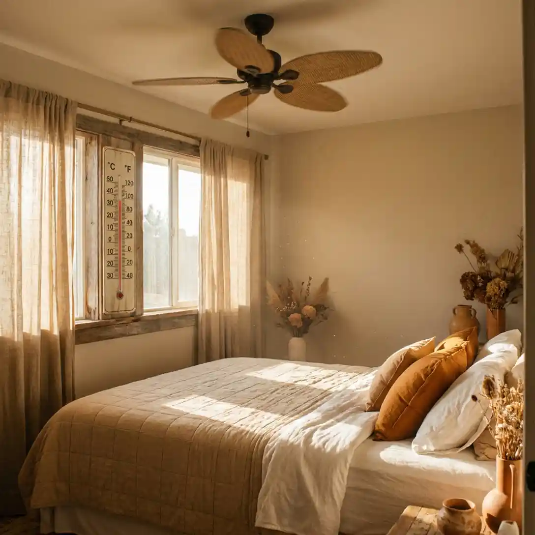 Zonnige slaapkamer met gouden zomerlicht door linnen gordijnen, thermometer op vensterbank en plafondventilator boven opgemaakt bed.