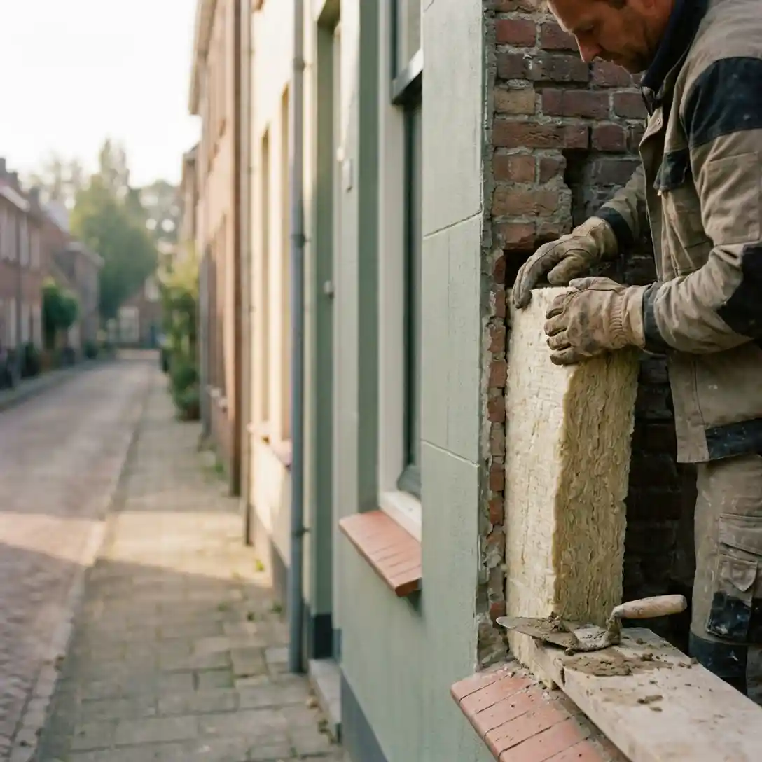 Aannemer die mineraalwol isolatiepanelen in spouwmuur van rijtjeshuis plaatst, met leren werkhandschoenen en truweel.