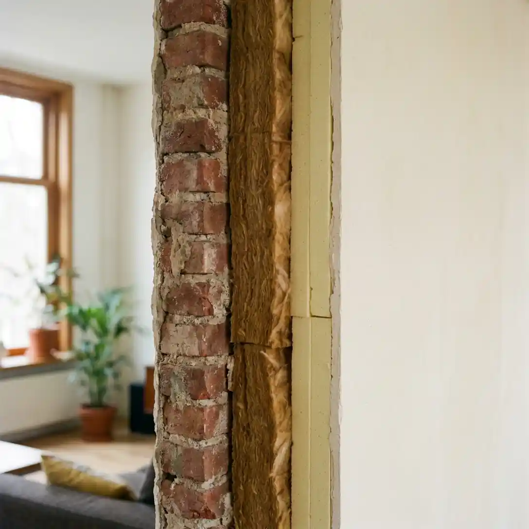 Doorsnede van een Nederlandse bakstenen muur met mineraalwol en rigide isolatieplaten zichtbaar in de spouwlaag.