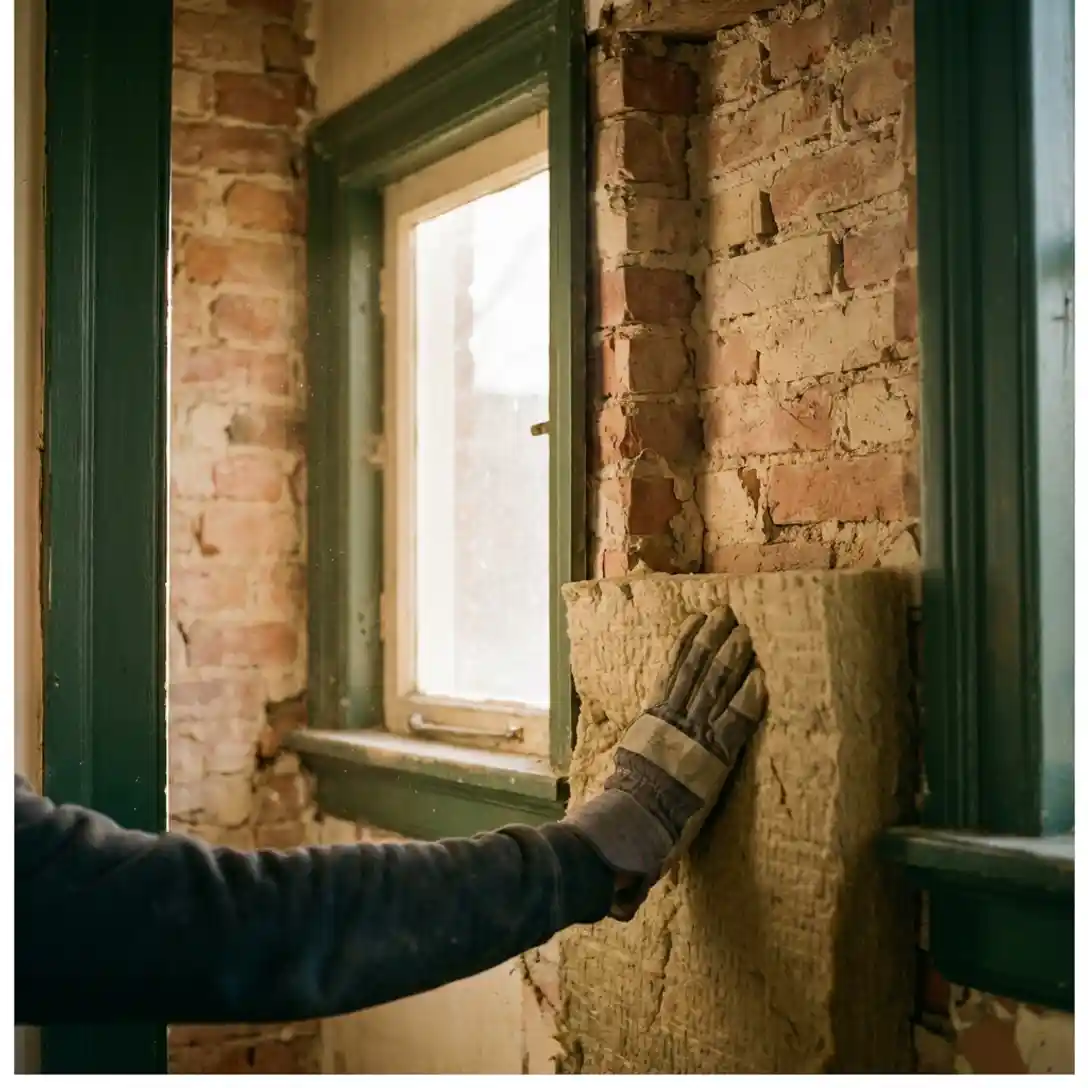 Gehandschoende hand die mineraalwolpanelen in de spouwmuur van een verweerd Nederlands rijtjeshuis perst, warm licht door enkel glas.