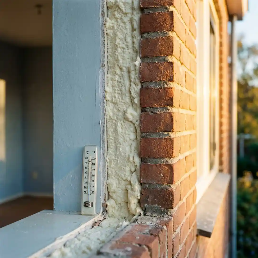 Doorsnede van een Nederlandse muurisolatie met thermometer tegen de koele binnenzijde, warme terracottabaksteen aan de buitenkant.