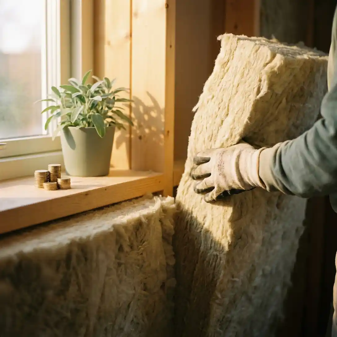 Hand die minerale wol in spouwmuur drukt, met munten op vensterbank op de achtergrond, symbool voor isolatiebesparing.