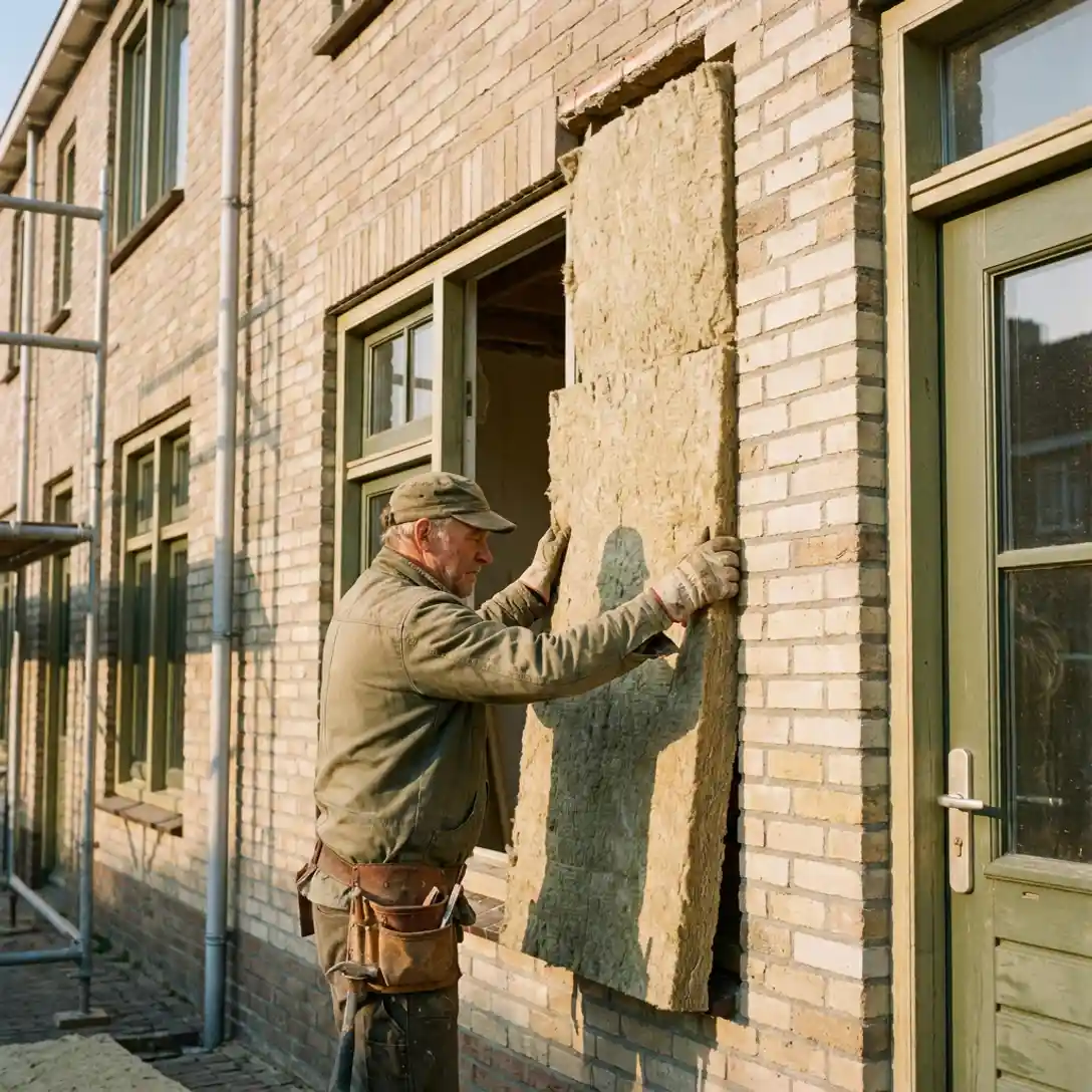 Bouwvakker plaatst minerale wol isolatiepanelen in spouwmuur van Nederlandse rijtjeswoning tijdens gouden uursbelichting.