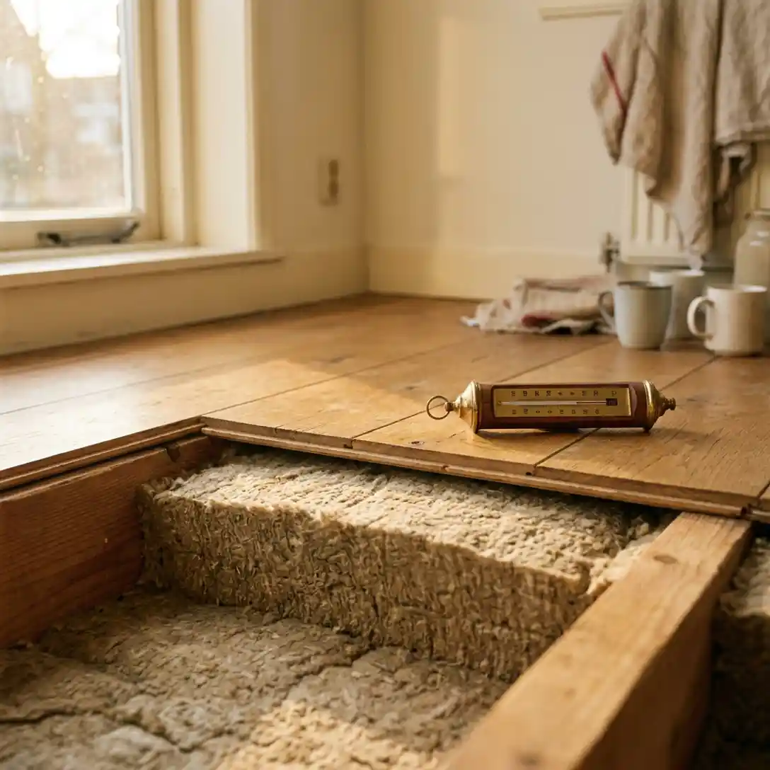 Doorsnede van een Nederlandse woonkamer met dikke isolatielaag onder eiken vloerdelen en thermometer in zacht ochtendlicht.