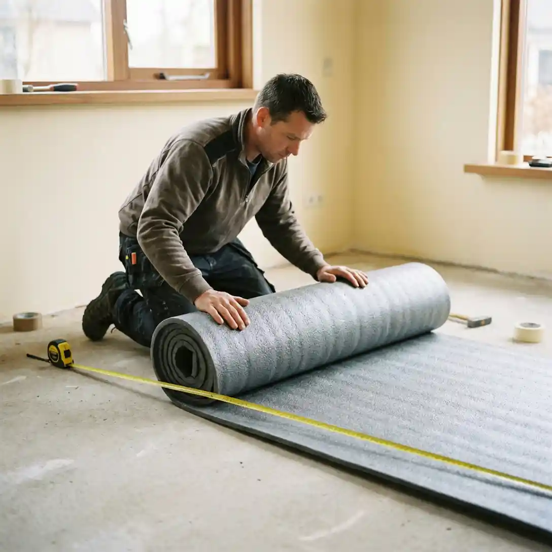 Installateur legt dikke grijze vloerisolatie uit op betonnen ondervloer in Nederlandse woning, meetlint zichtbaar voor nauwkeurige dekking.