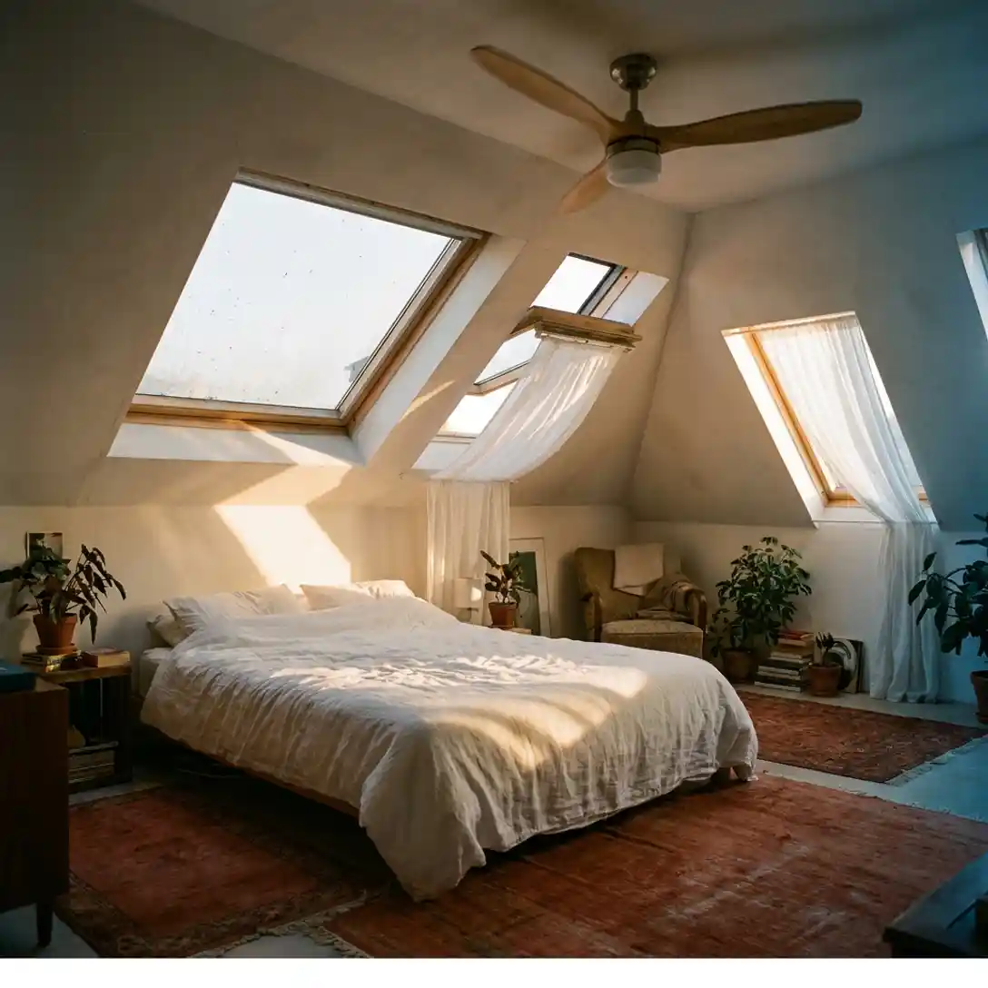 Zonnige zolderslaapkamer met daklicht, plafondventilator en witte linnenbedding in warme terracotta en gouden middagtinten.